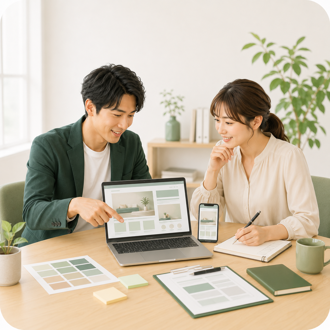 完成したホームページを確認している様子